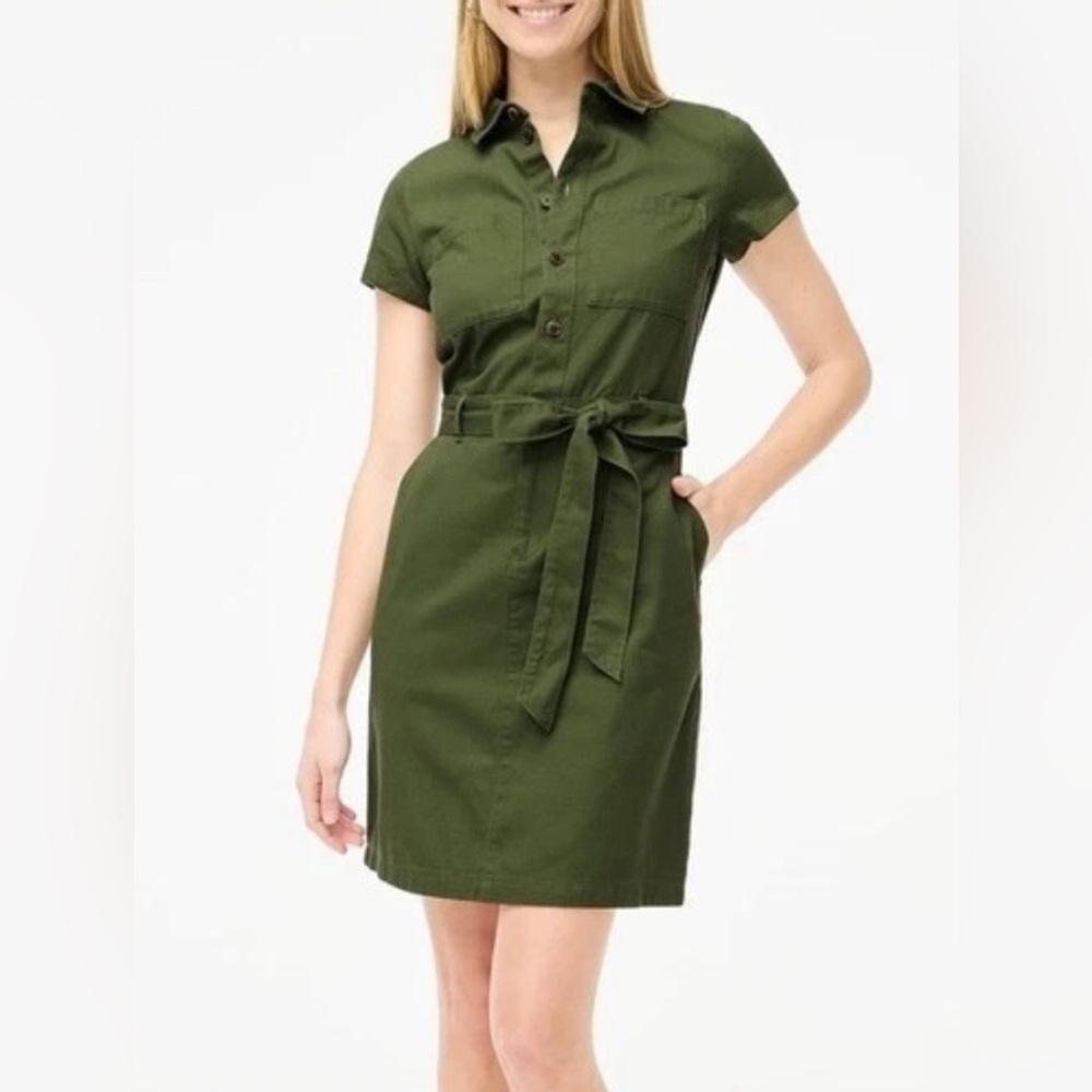 Olive Green Shirt Dress with Self-Tie Belt